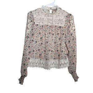 Wonderly Blouse Women's Medium Brown Floral Lace Cropped Long Sleeve Top